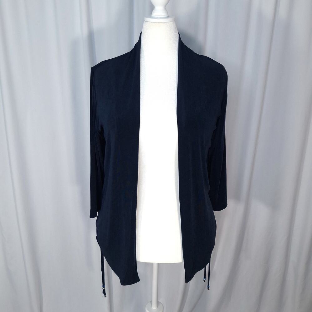 Chico’s Open Front Long Black Cardigan Med/8 Side Ruching 3/4 Sleeves Office